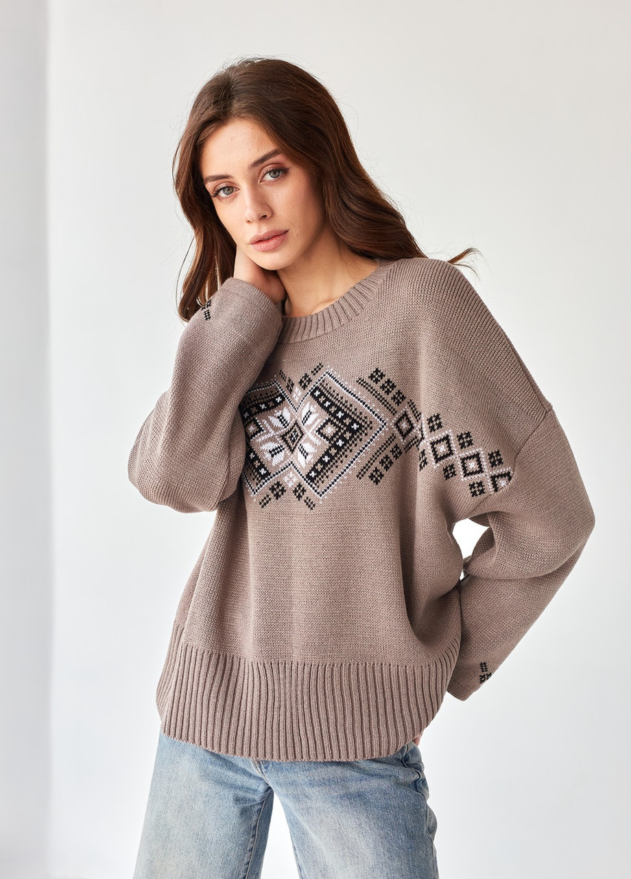 Джемпер oversize Этно капучино с черным+белым MEREZHKA (254774528)