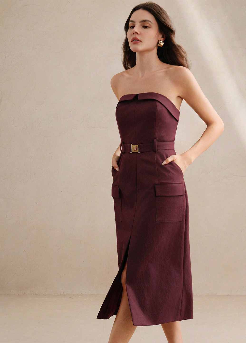 Бордовое кэжуал платье с открытыми плечами, бандо SHEIN однотонное