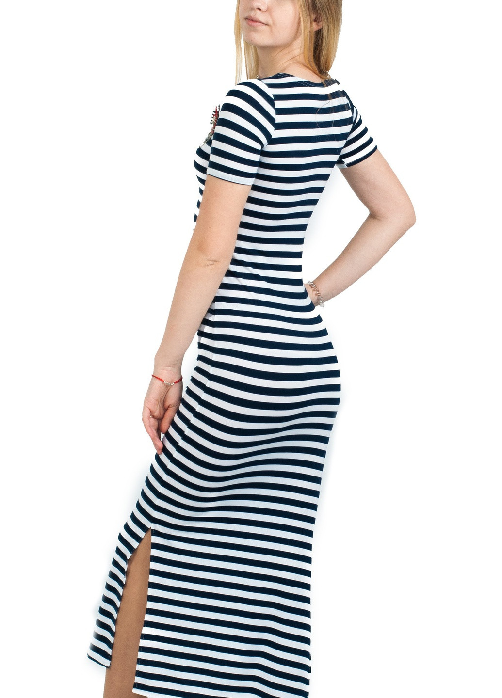 Темно-синее пляжное платье с коротким рукавом мaxi из 100% вискозы в темно-синюю полоску Добрий Одесит в полоску