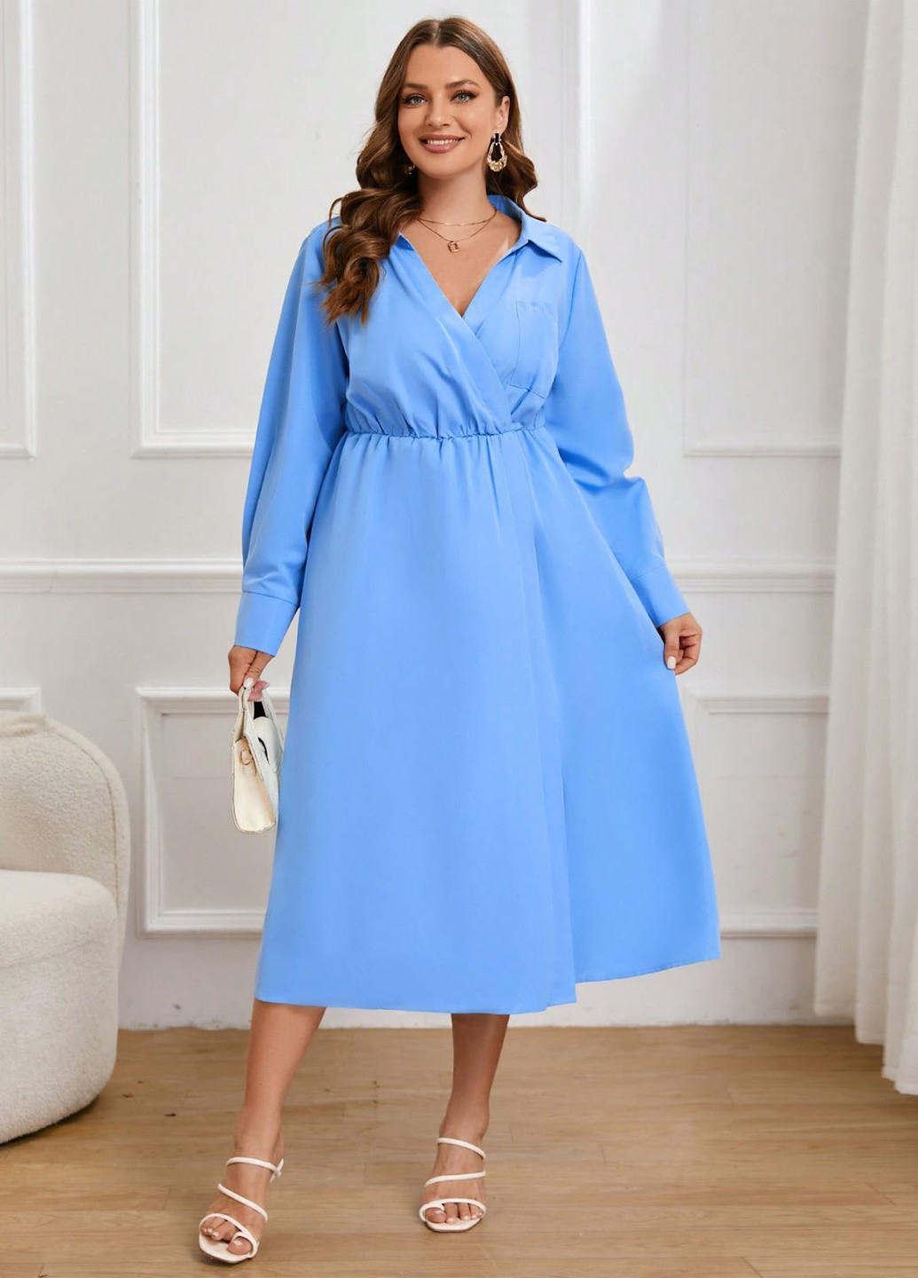 Голубое кэжуал, деловое платье рубашка, а-силуэт SHEIN однотонное