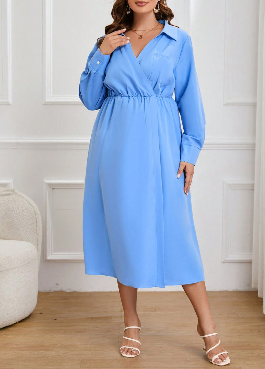Голубое кэжуал, деловое платье рубашка, а-силуэт SHEIN однотонное