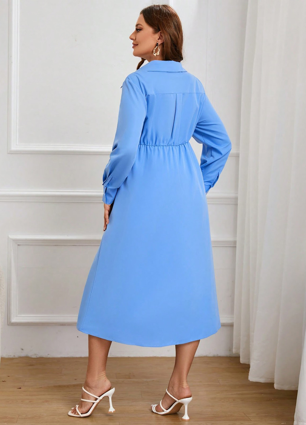 Голубое кэжуал, деловое платье рубашка, а-силуэт SHEIN однотонное