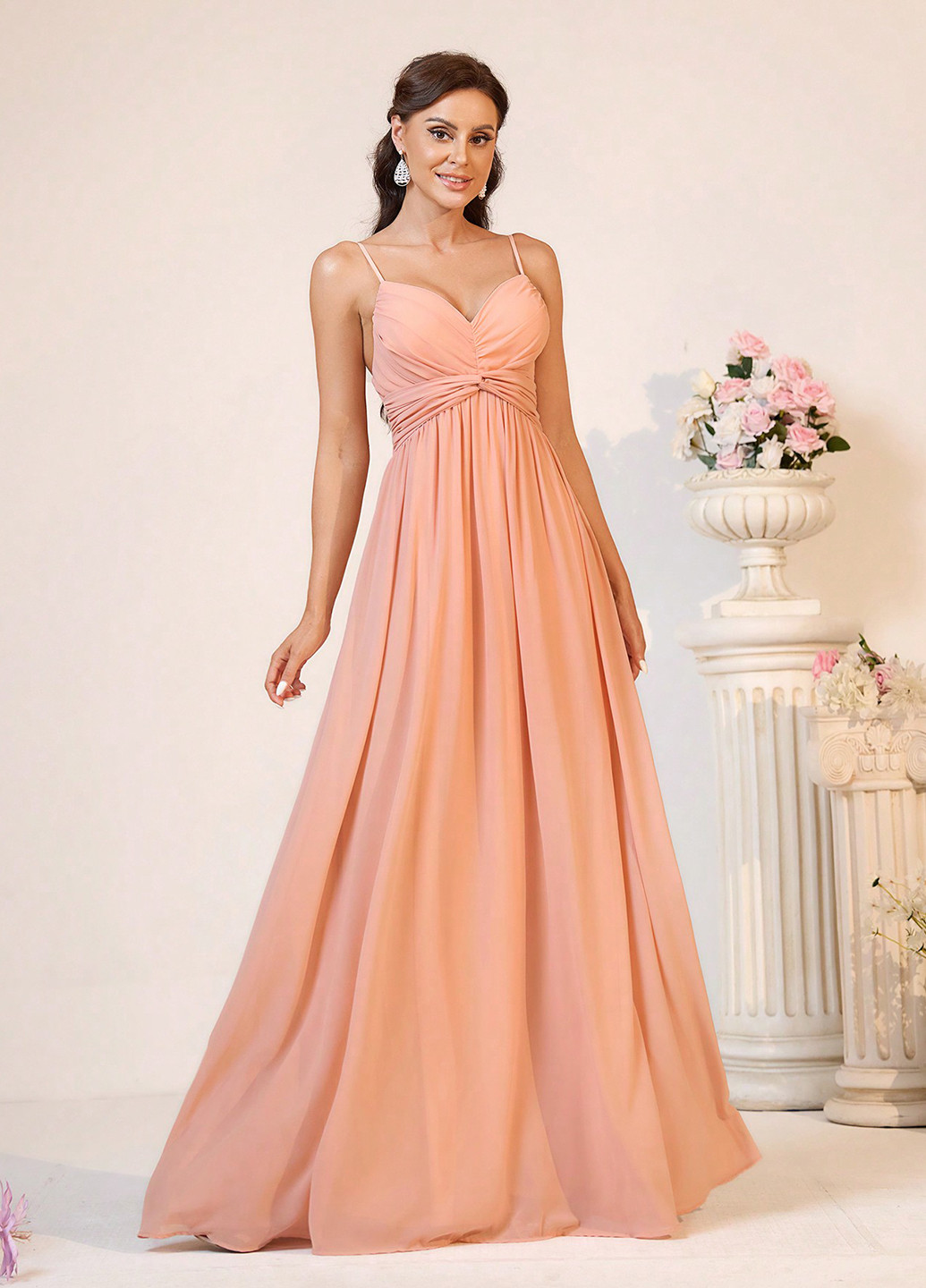 Персиковое вечернее, праздничный платье в греческом стиле, с открытой спиной, с открытыми плечами SHEIN однотонное