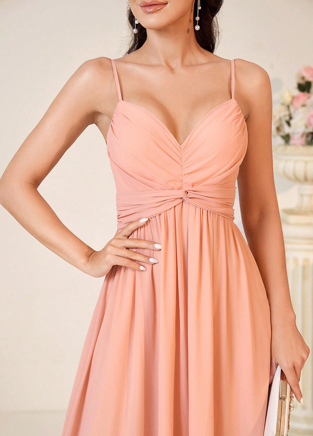 Персиковое вечернее, праздничный платье в греческом стиле, с открытой спиной, с открытыми плечами SHEIN однотонное