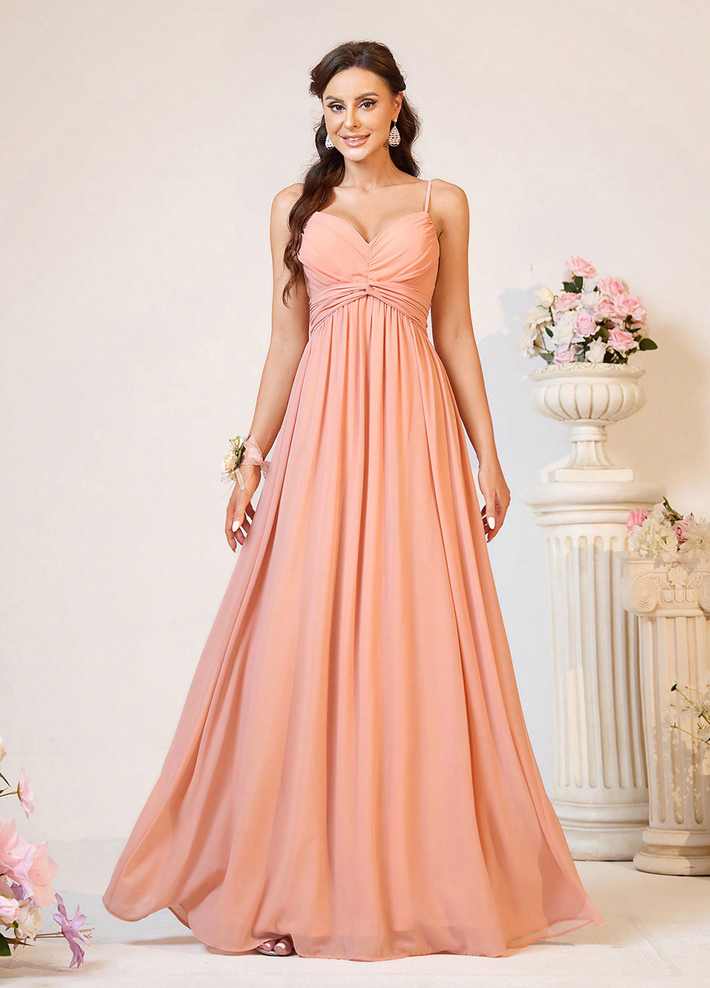Персиковое вечернее, праздничный платье в греческом стиле, с открытой спиной, с открытыми плечами SHEIN однотонное