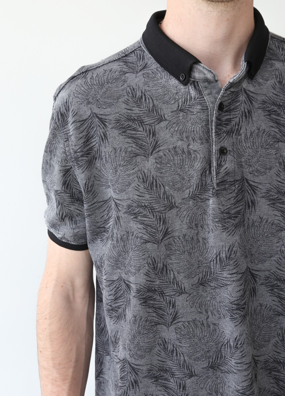Серая футболка-поло мужское серое с листьями ткань тонкая для мужчин MCS