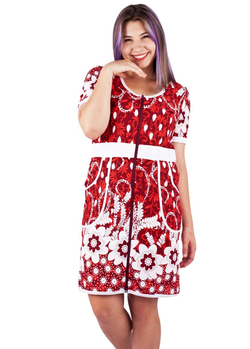 Гарний жіночий халат короткий рукав на блискавці Пані Яновська ХЖ-17 квітковий червоний домашній кулір