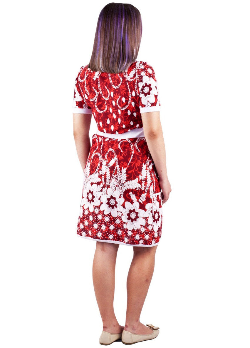 Гарний жіночий халат короткий рукав на блискавці Пані Яновська ХЖ-17 квітковий червоний домашній кулір