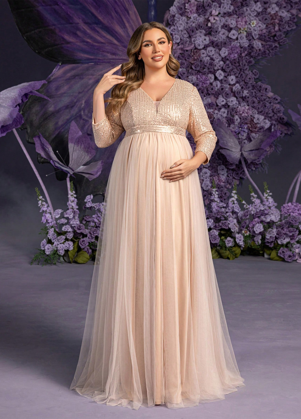 Бежева святковий сукня для вагітних з пишною спідницею SHEIN однотонна