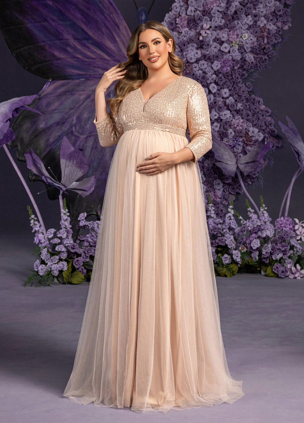 Бежева святковий сукня для вагітних з пишною спідницею SHEIN однотонна