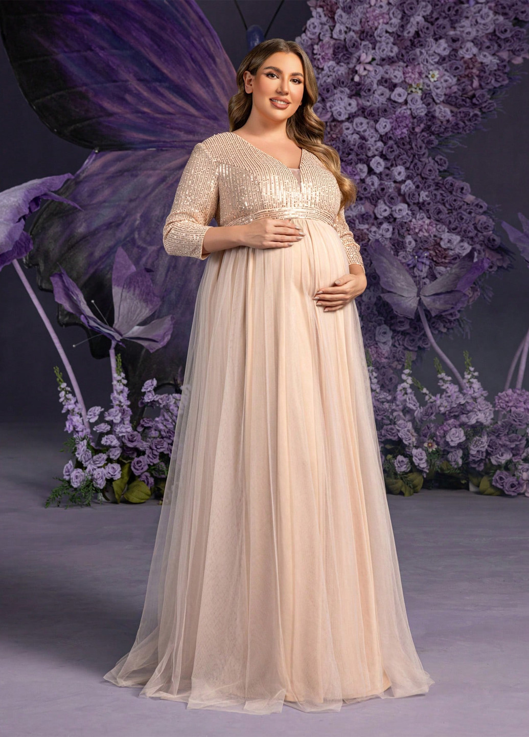 Бежева святковий сукня для вагітних з пишною спідницею SHEIN однотонна