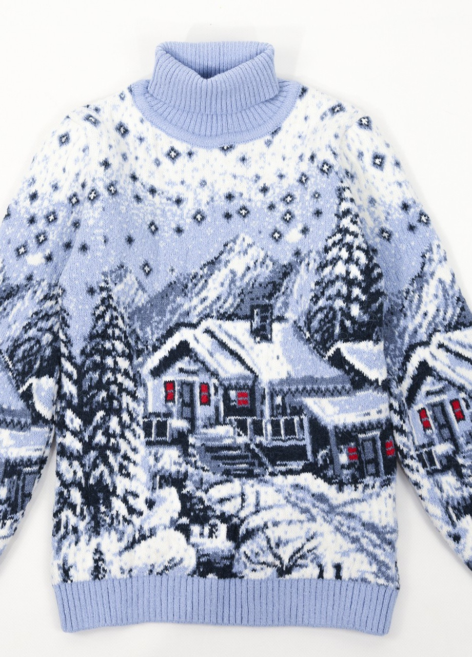 Голубой зимний свитер для девочки зимний голубой принт с домиками Pulltonic Прямая