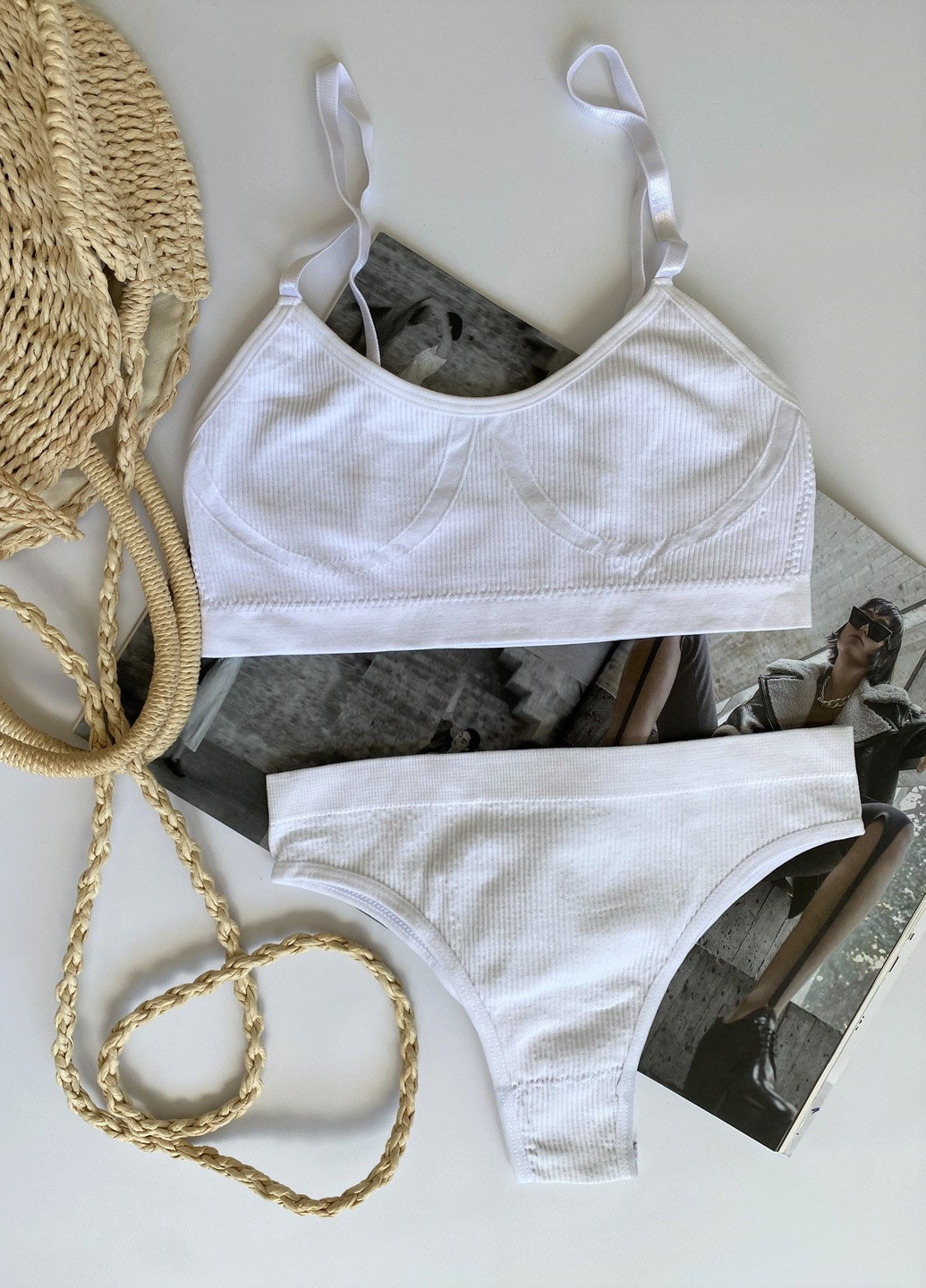 Білий демісезонний комплект білизни трусики топ ribbed Without