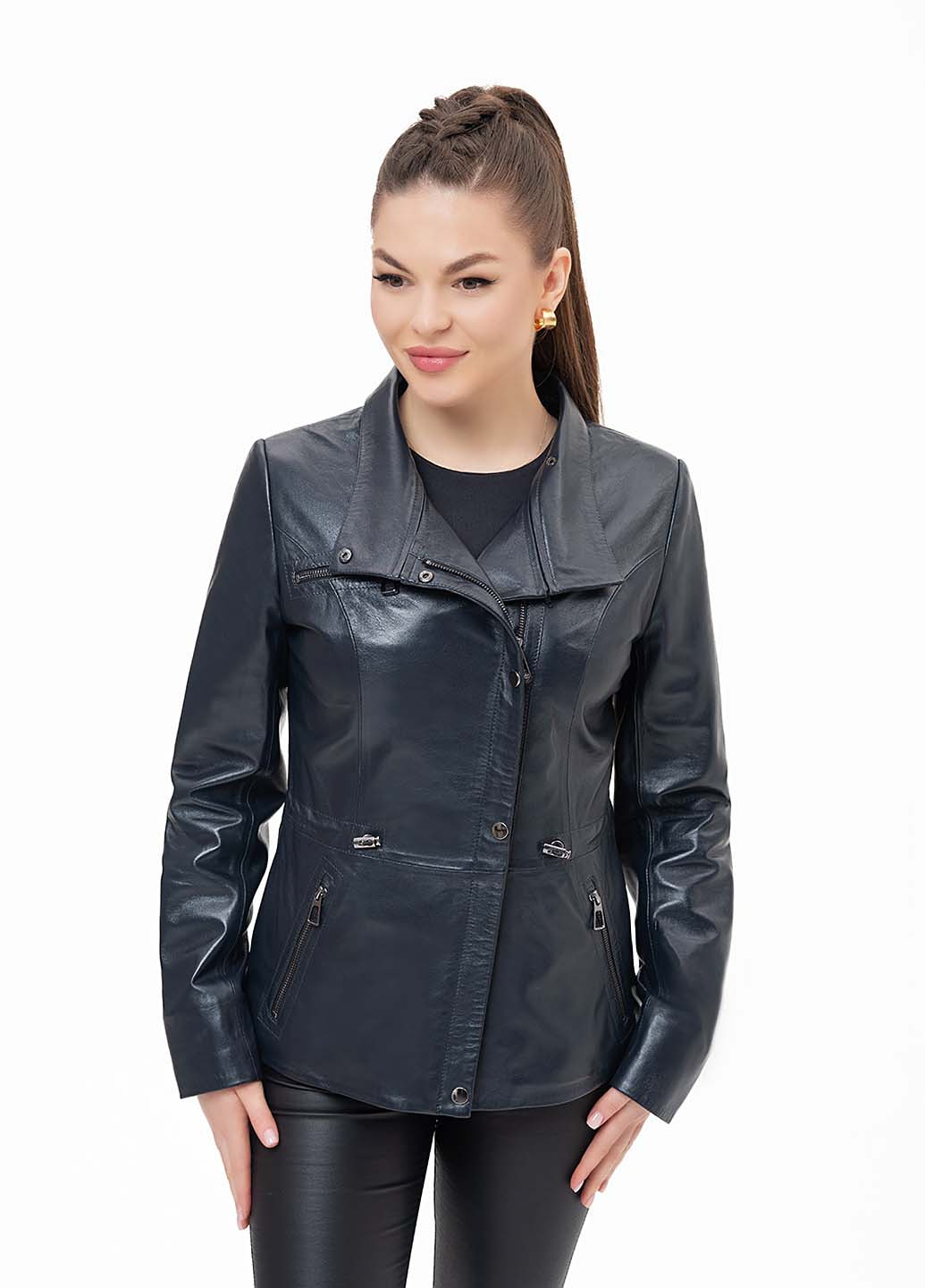 Темно-синя демісезонна жіноча шкіряна куртка весна Fabio Monti