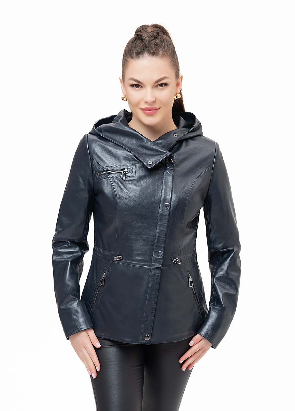 Темно-синя демісезонна жіноча шкіряна куртка весна Fabio Monti