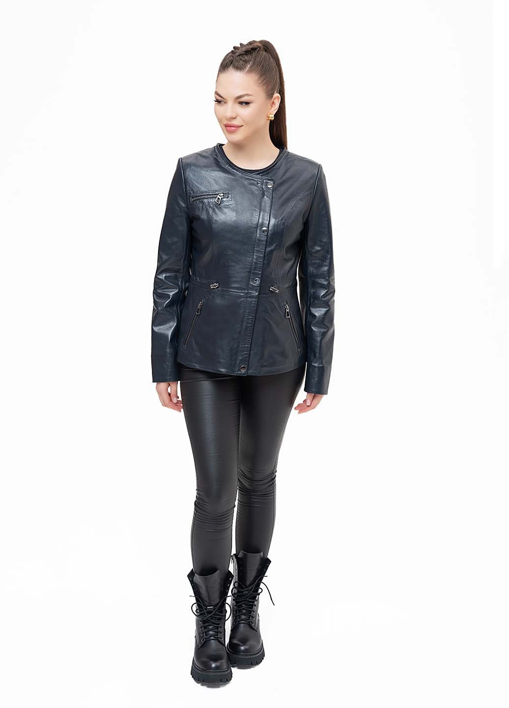 Темно-синя демісезонна жіноча шкіряна куртка весна Fabio Monti