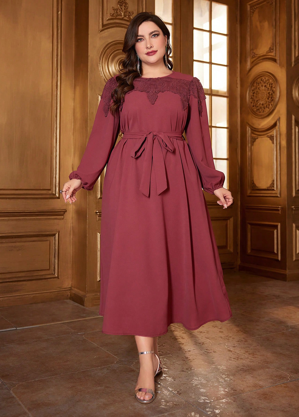 Бордовое вечернее, праздничный платье клеш SHEIN однотонное