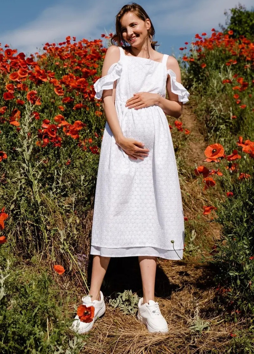 Белое кэжуал белое платье для беременных и кормящих мам с секретом для кормления хлопковое To Be однотонное