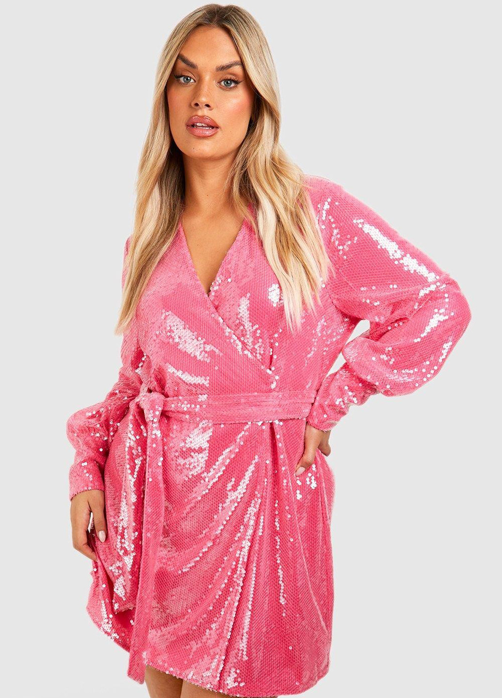 Кислотно-розовое коктейльное платье на запах Boohoo однотонное