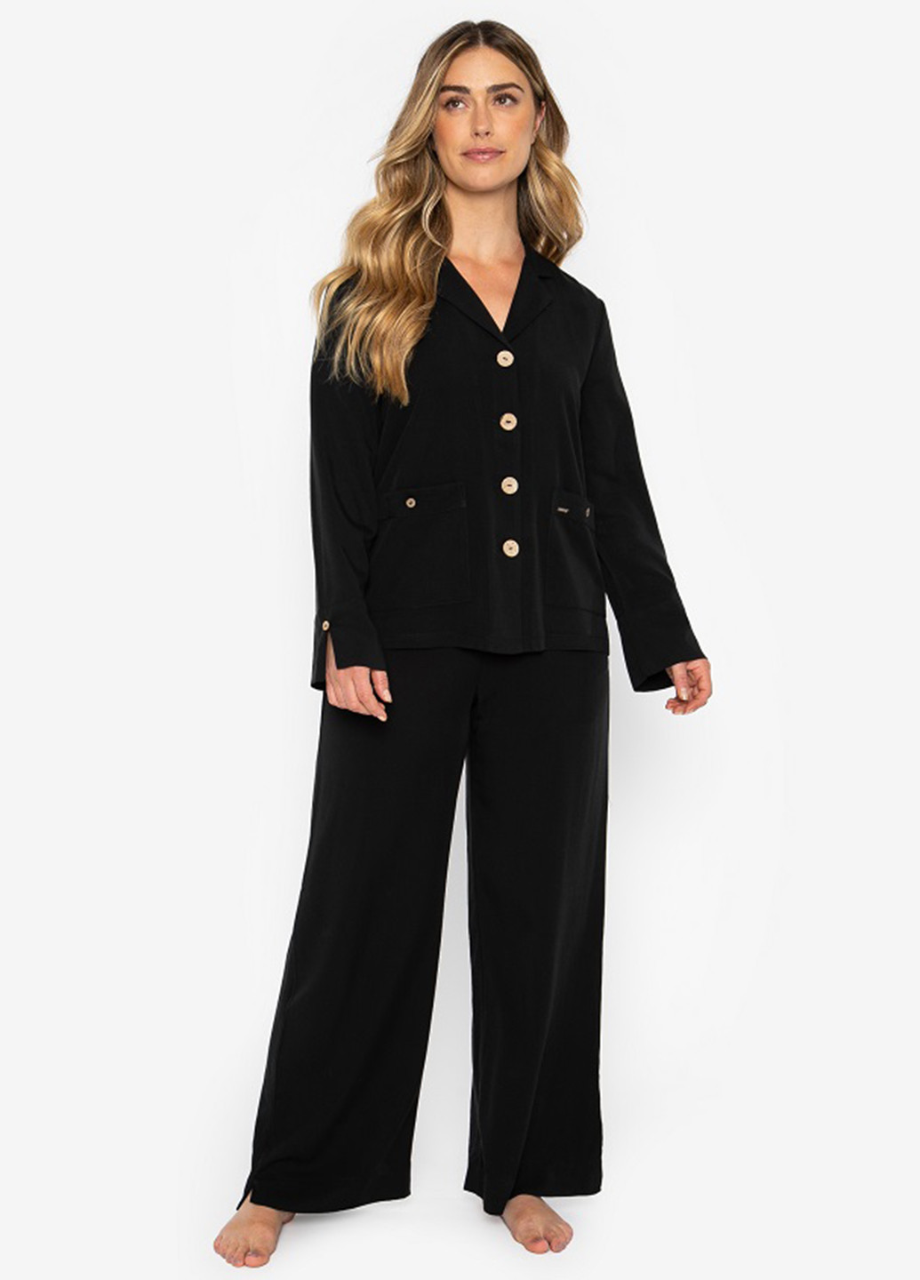 Черная всесезон женский домашний костюм studio pj black вискоза тенсел премиум комфорт стиль рубашка + брюки Pretty You London