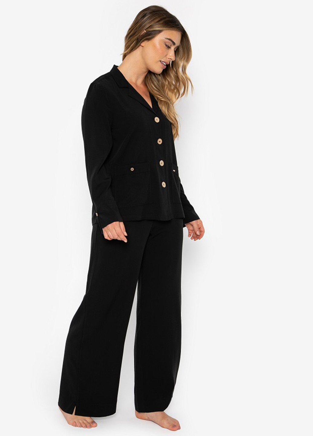 Черная всесезон женский домашний костюм studio pj black вискоза тенсел премиум комфорт стиль рубашка + брюки Pretty You London