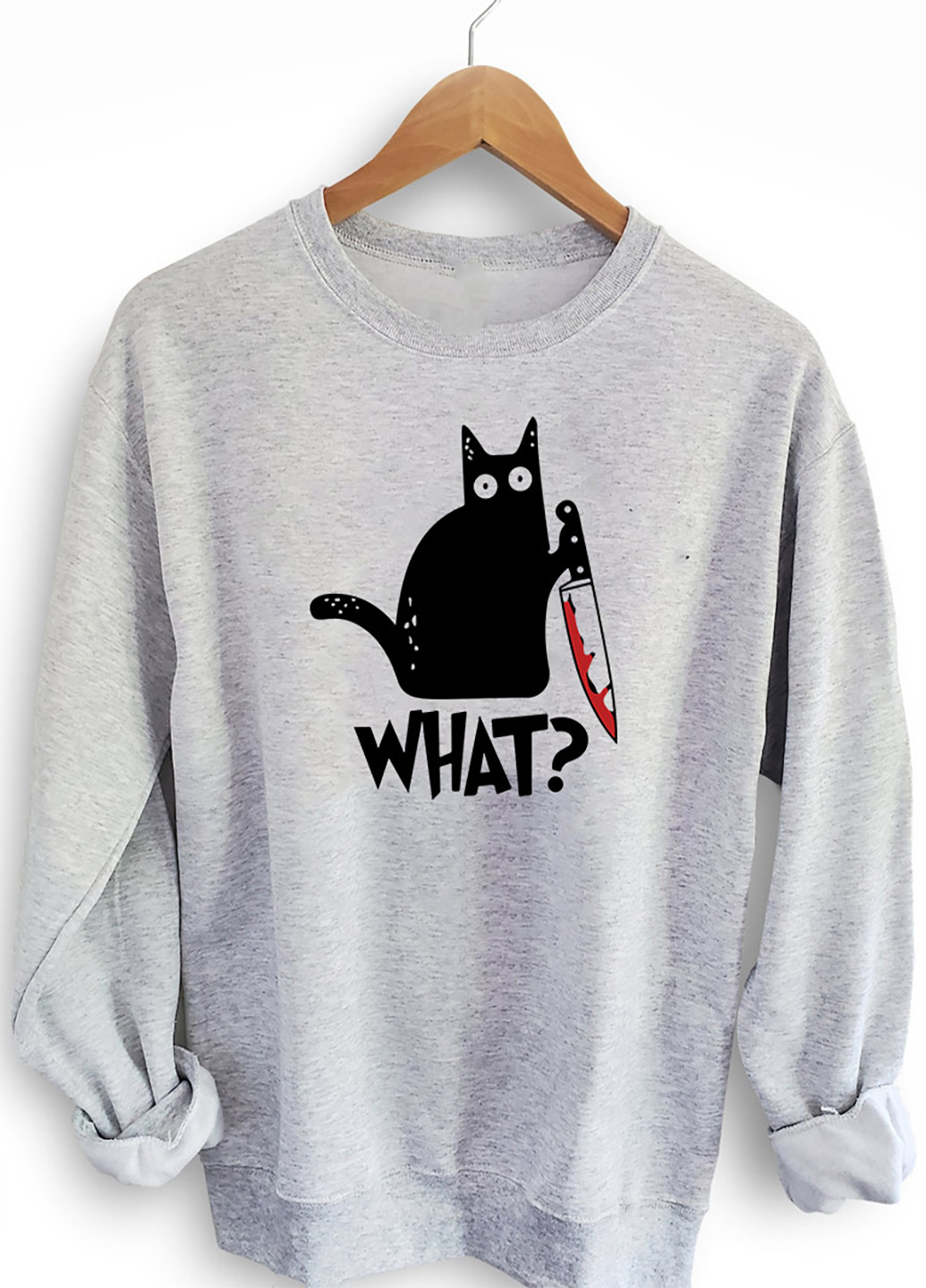 Свитшот серый Cat says "What?" Love&Live - крой рисунок серый кэжуал - (245937342)