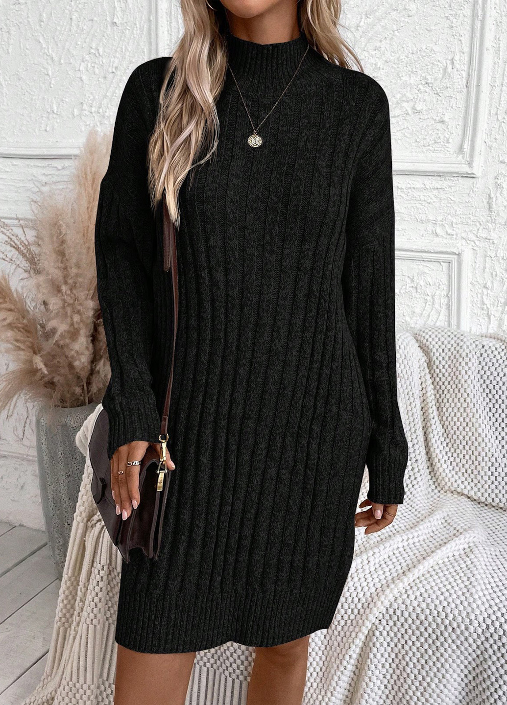 Черное кэжуал платье платье-свитер SHEIN однотонное