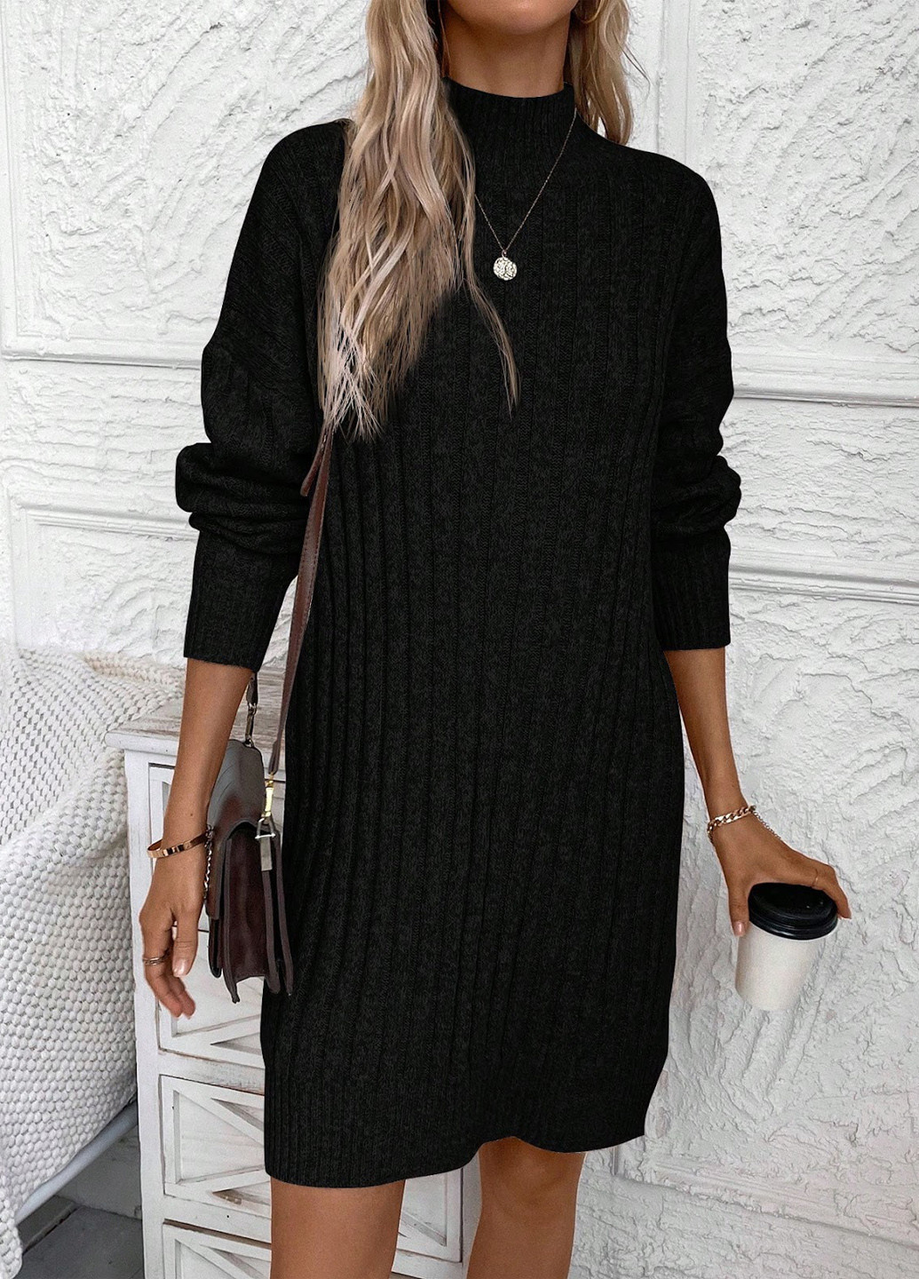 Черное кэжуал платье платье-свитер SHEIN однотонное