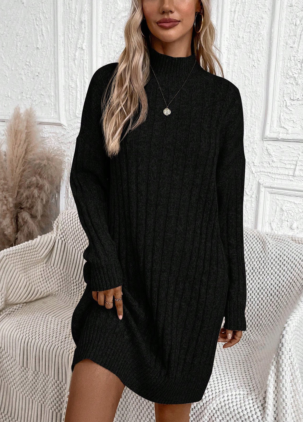 Черное кэжуал платье платье-свитер SHEIN однотонное