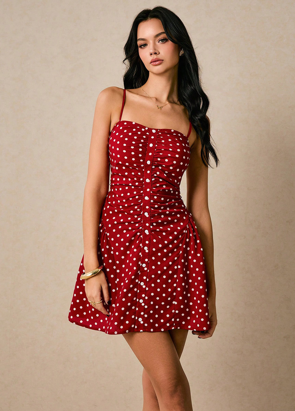 Темно-красное кэжуал платье с открытой спиной SHEIN в горошек