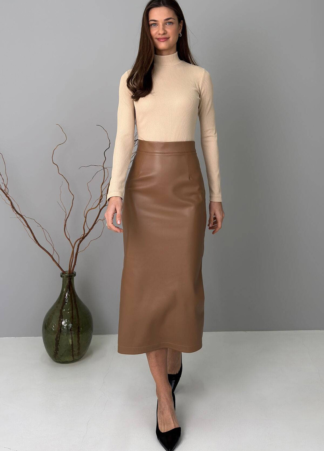 Коричневая кэжуал однотонная юбка No Brand карандаш