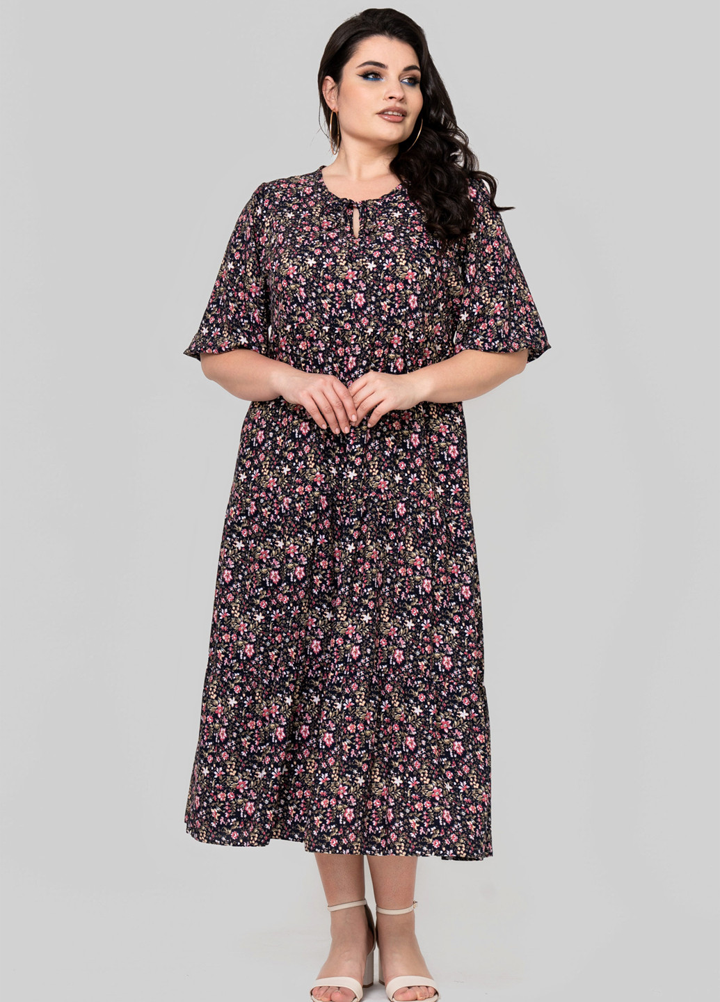 Темно-синее кэжуал платье а-силуэт A'll Posa с цветочным принтом