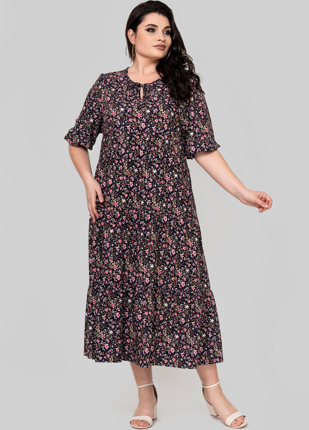 Темно-синее кэжуал платье а-силуэт A'll Posa с цветочным принтом