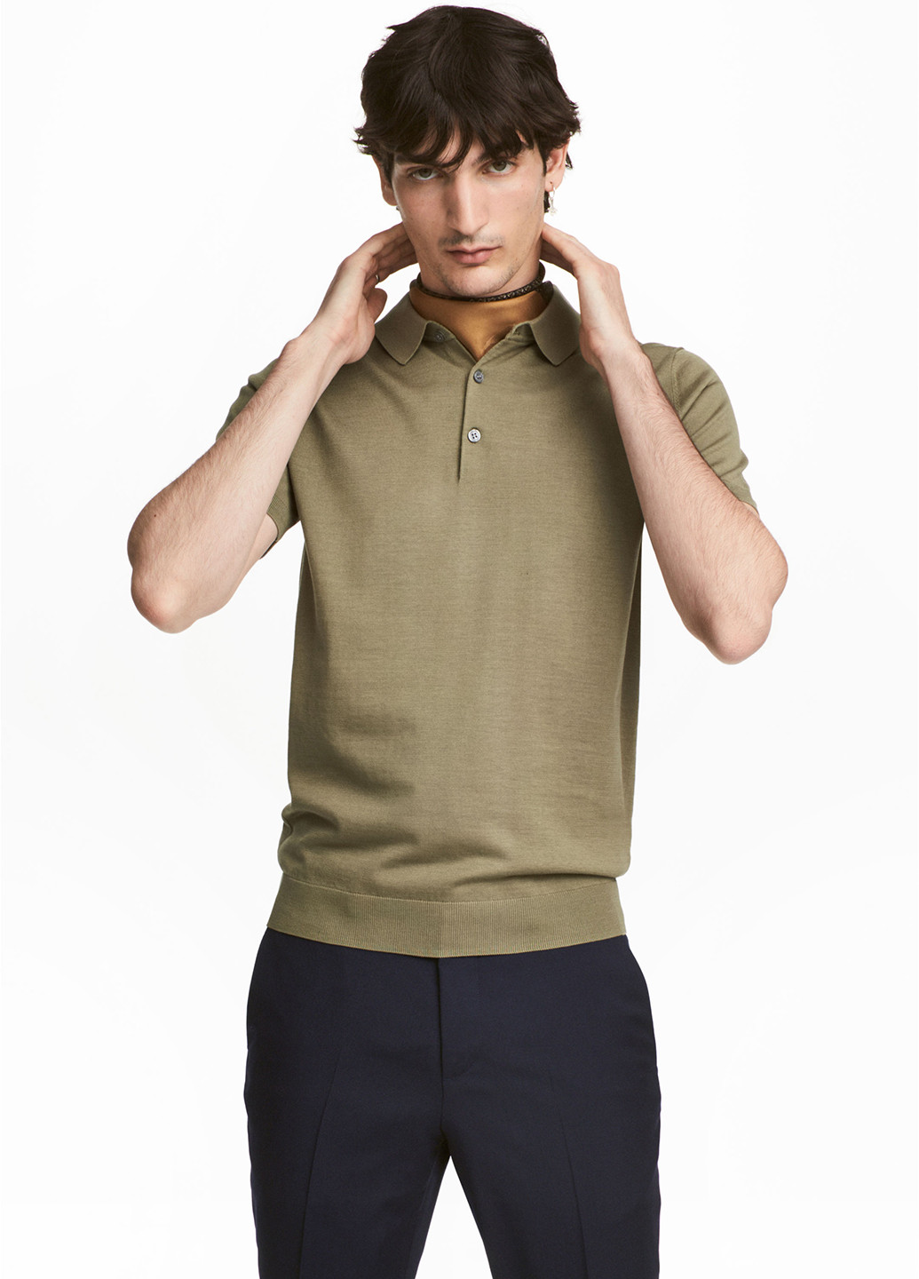 Оливковая (хаки) футболка-поло для мужчин H&M меланжевая