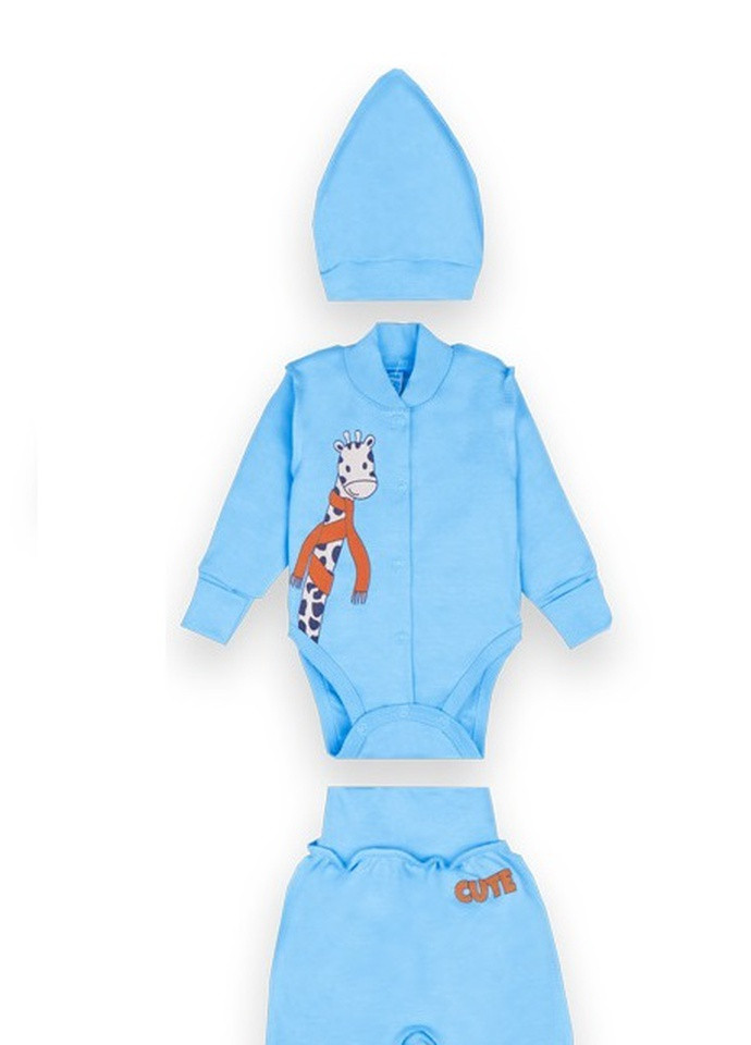 Темно-блакитний демісезонний дитячий комплект для хлопчика (боді + повзунки + шапка) Габби