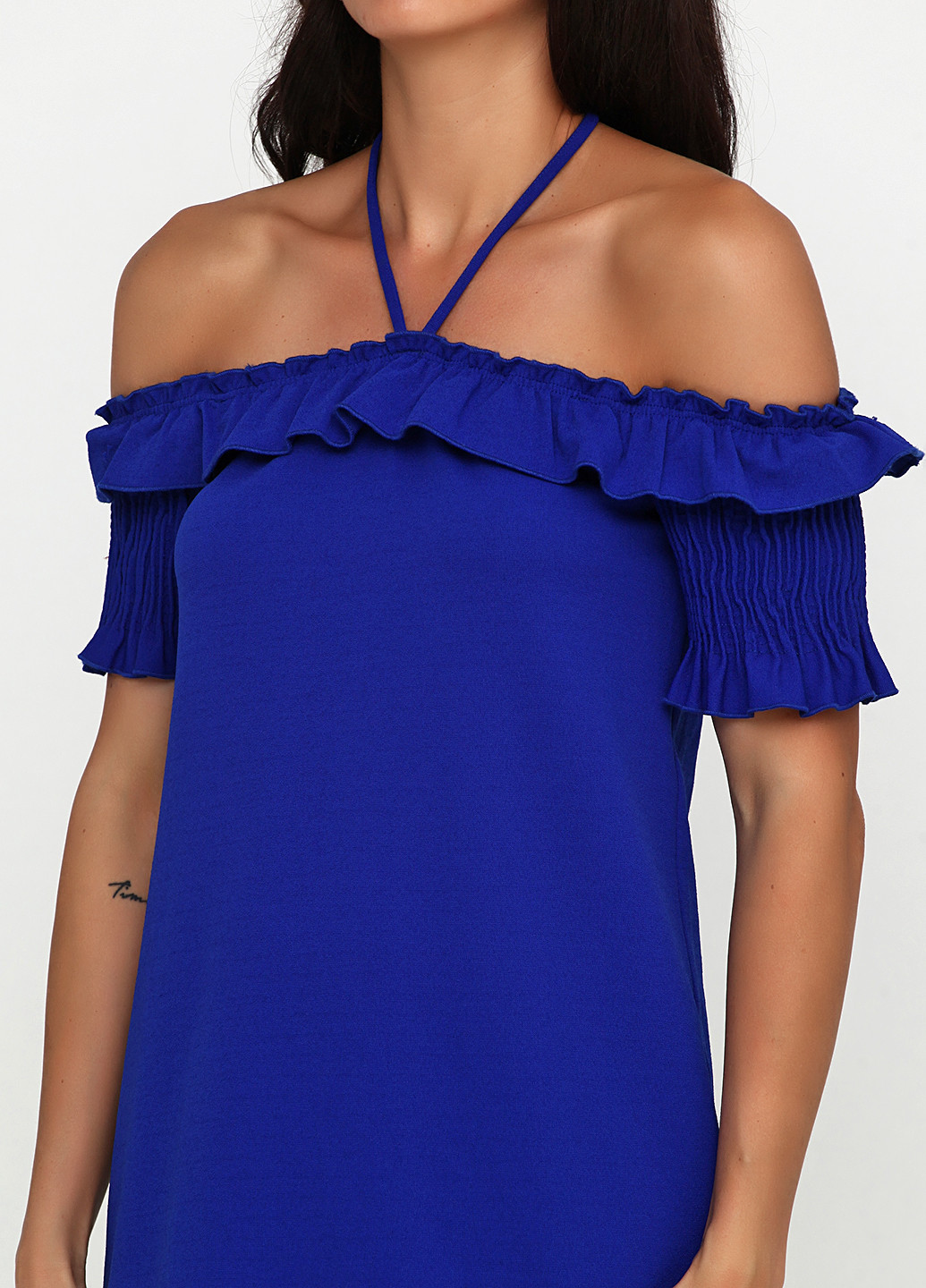 Синее кэжуал платье с открытыми плечами Zara однотонное