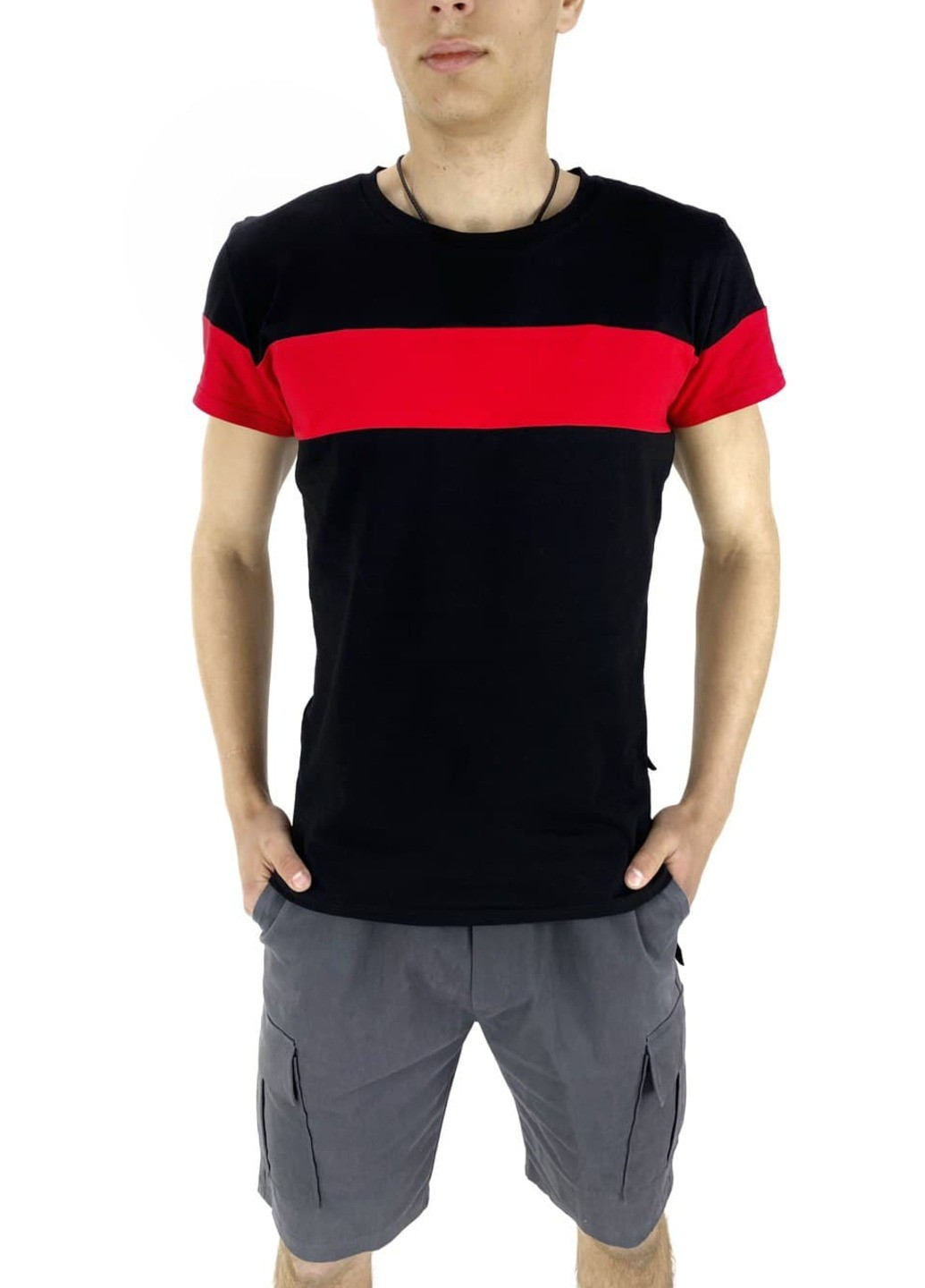 Комбінований літній костюм літній чоловічий (футболка "color stripe" чорна - червона + шорти miami сірі) Intruder