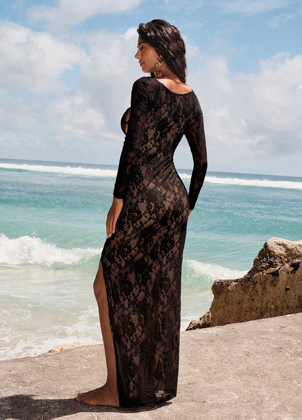 Черное пляжное, вечернее платье силуэтная SHEIN однотонное