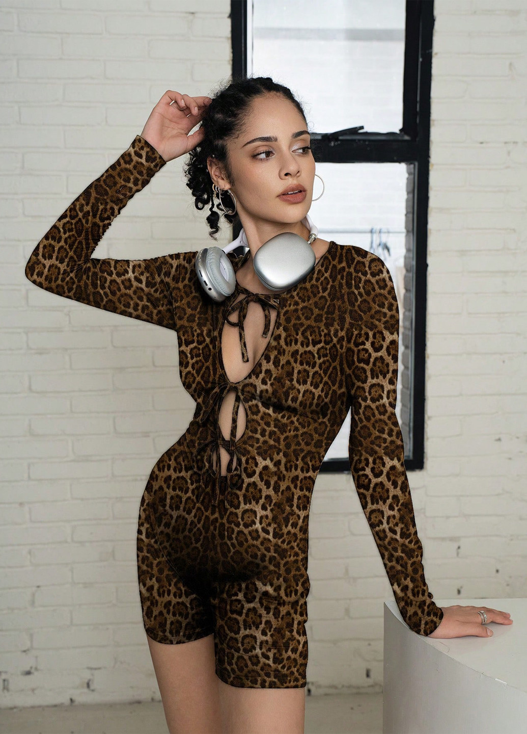 Комбинезон SHEIN комбинезон-шорты леопардовый комбинированный кэжуал трикотаж, полиэстер