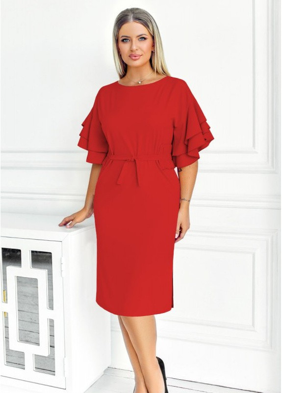 Красное кэжуал элегантное платье с поясом санторини Look & Buy однотонное