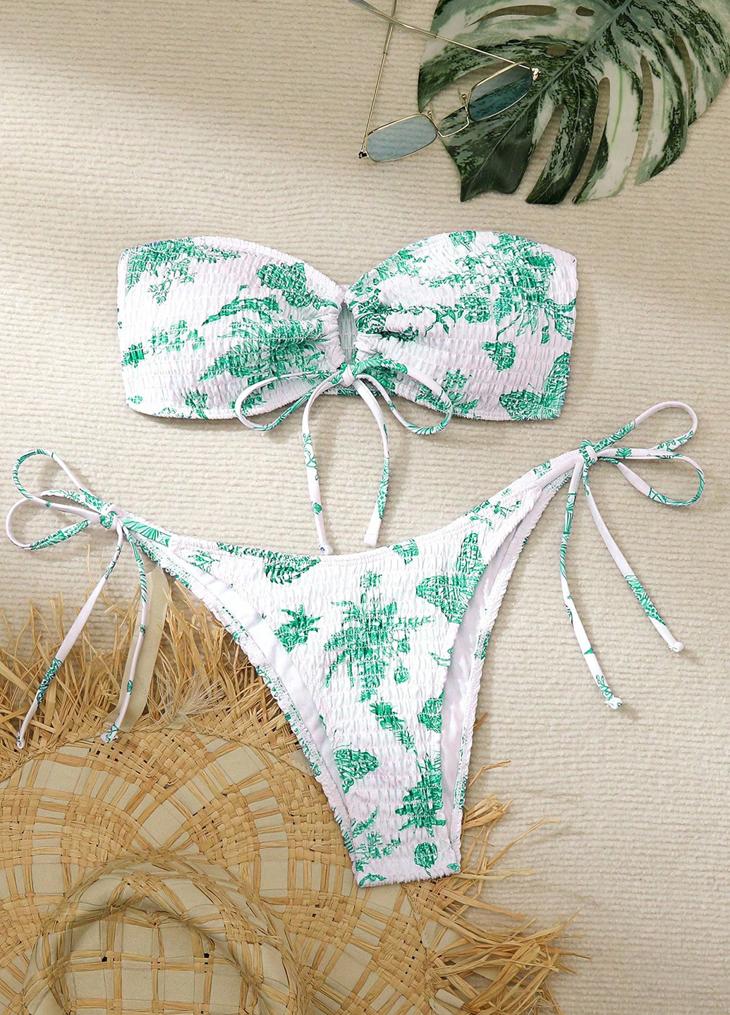 Зеленый летний купальник (лиф, трусики) бандо, раздельный SHEIN