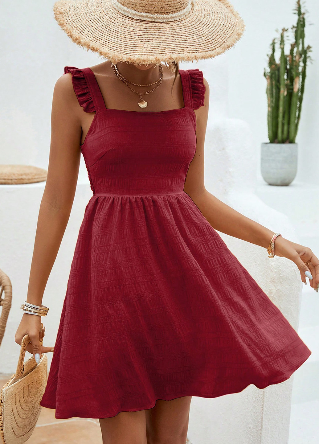 Бордова кежуал сукня з спідницею-сонце, з відкритою спиною SHEIN однотонна