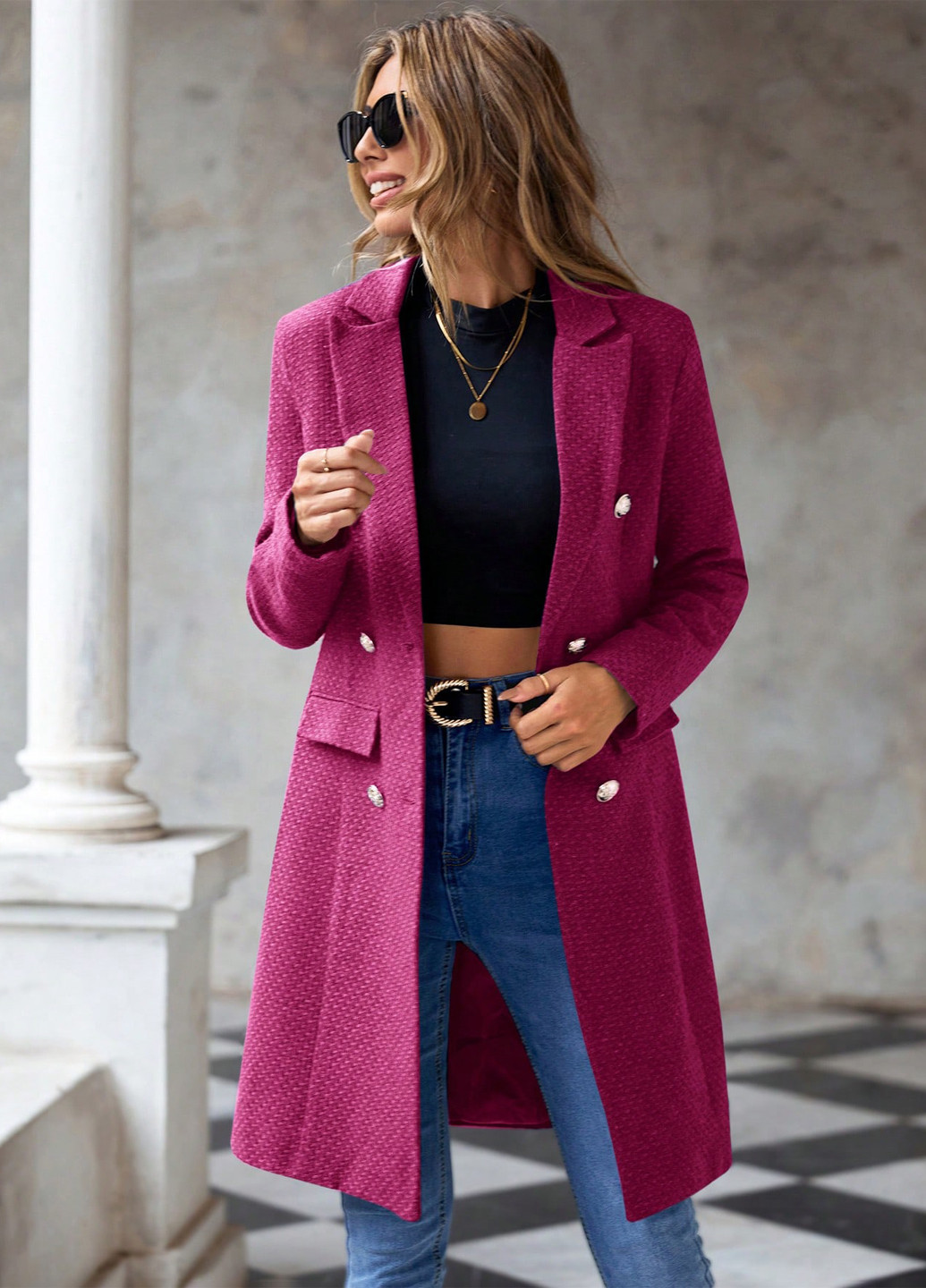 Фуксиновое демисезонное Пальто двубортное SHEIN