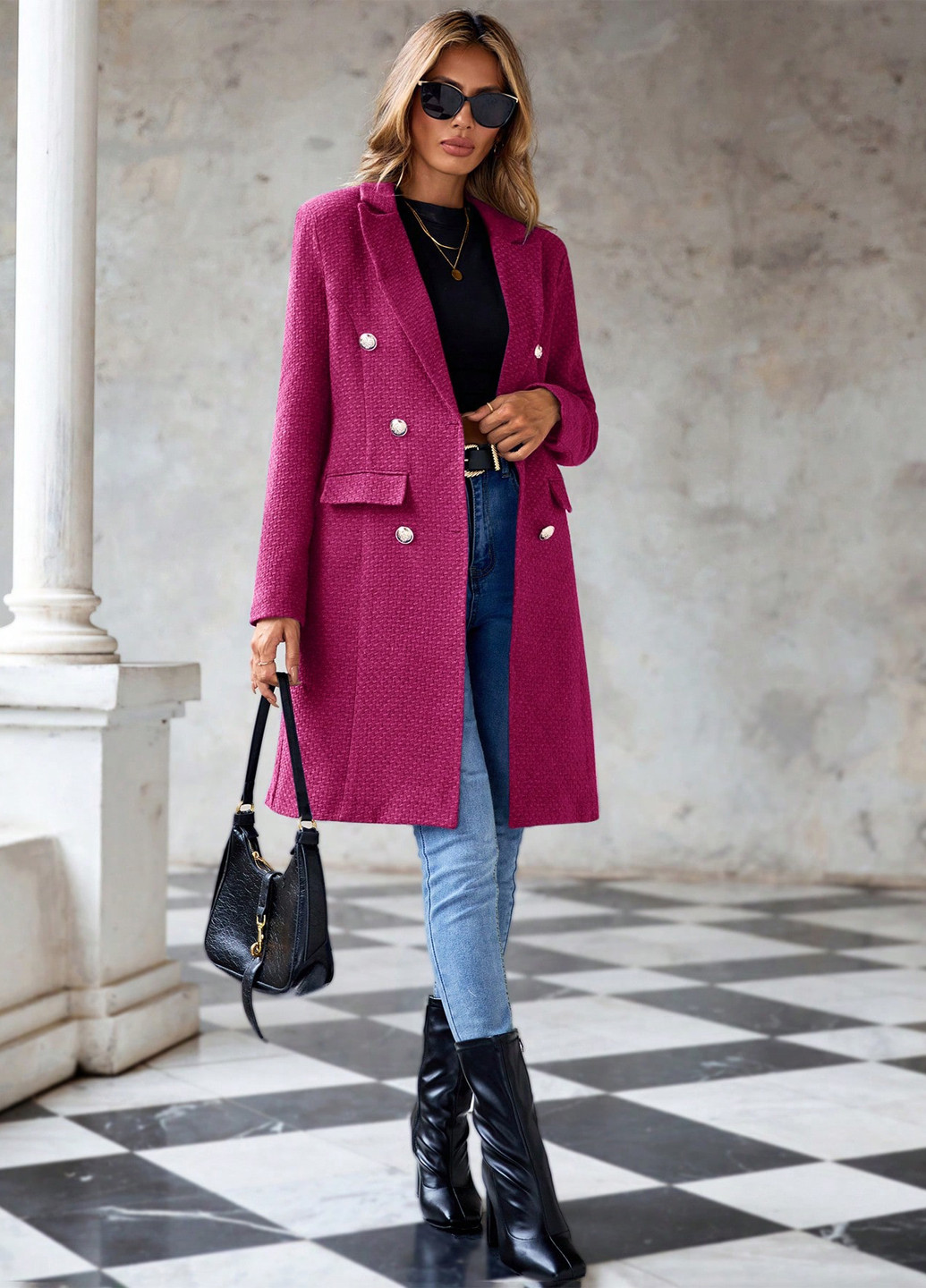 Фуксиновое демисезонное Пальто двубортное SHEIN
