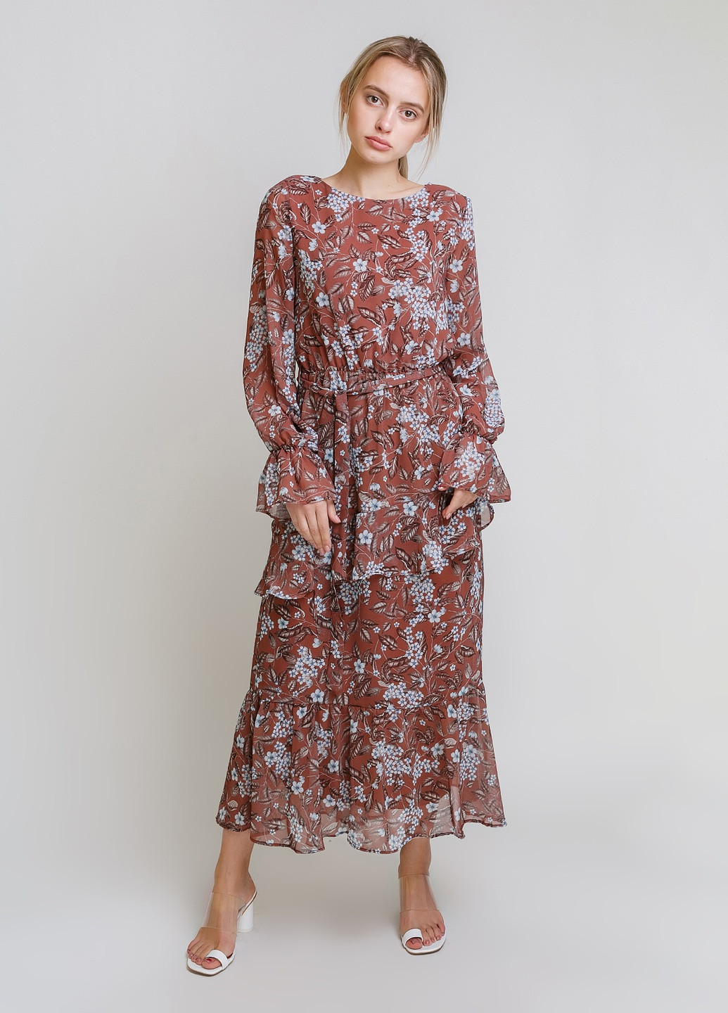 Коричневое кэжуал шифоновое платье с цветочным принтом No Brand с цветочным принтом