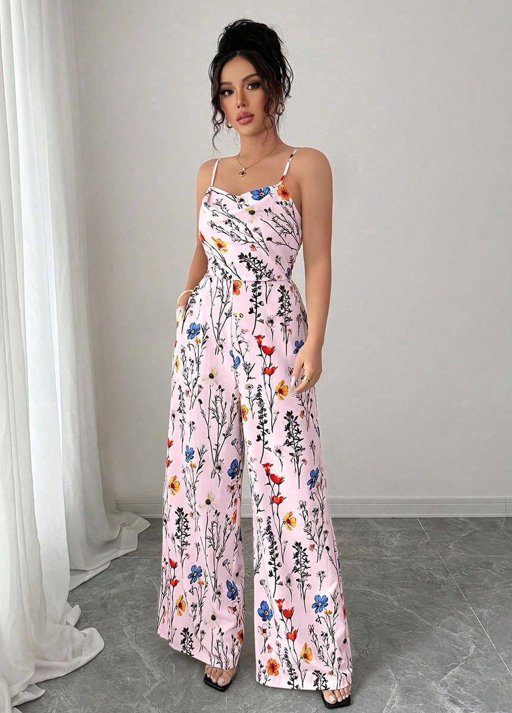 Комбінезон SHEIN комбінезон-брюки квітковий світло-рожевий кежуал поліестер