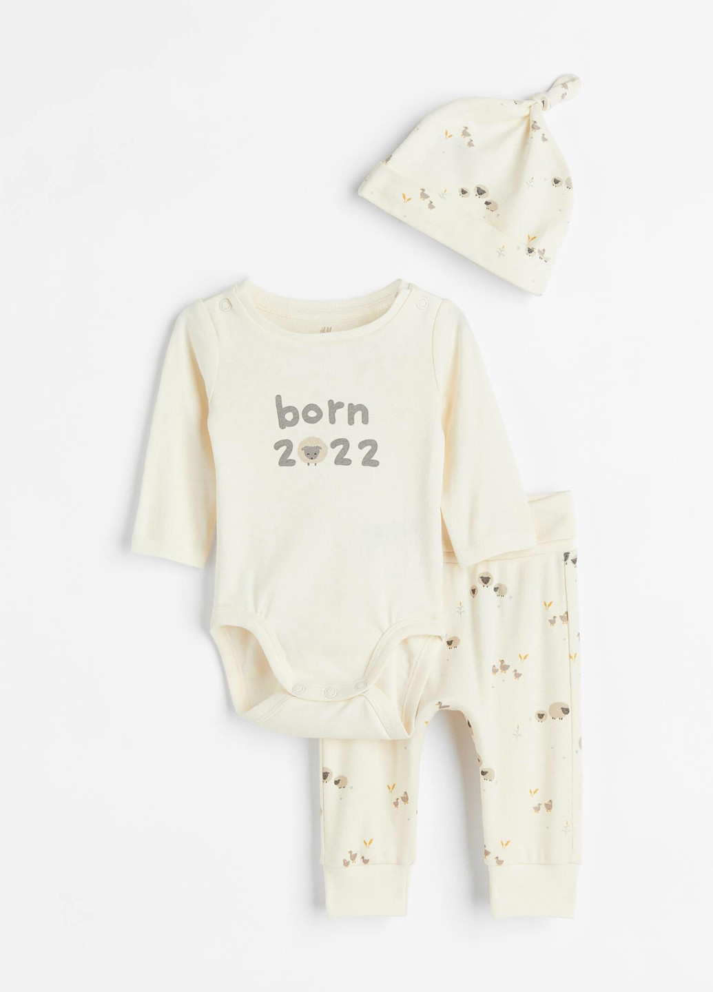 Молочный демисезонный комплект (боди, брюки, шапка) H&M