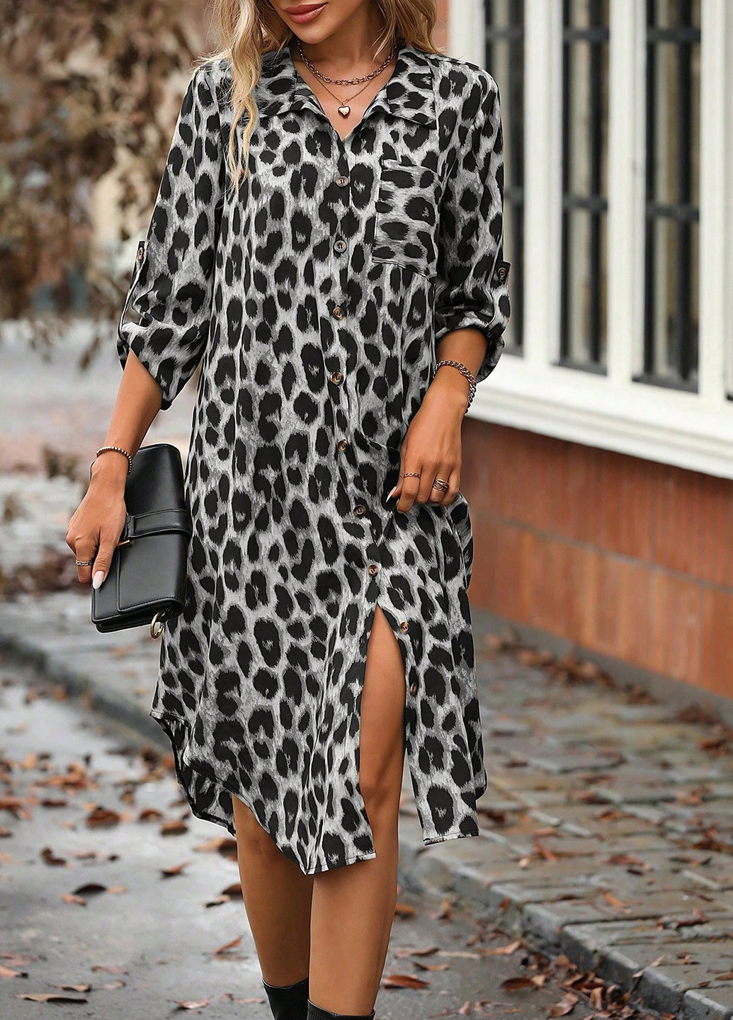Сіра кежуал сукня сукня-сорочка SHEIN леопардовий