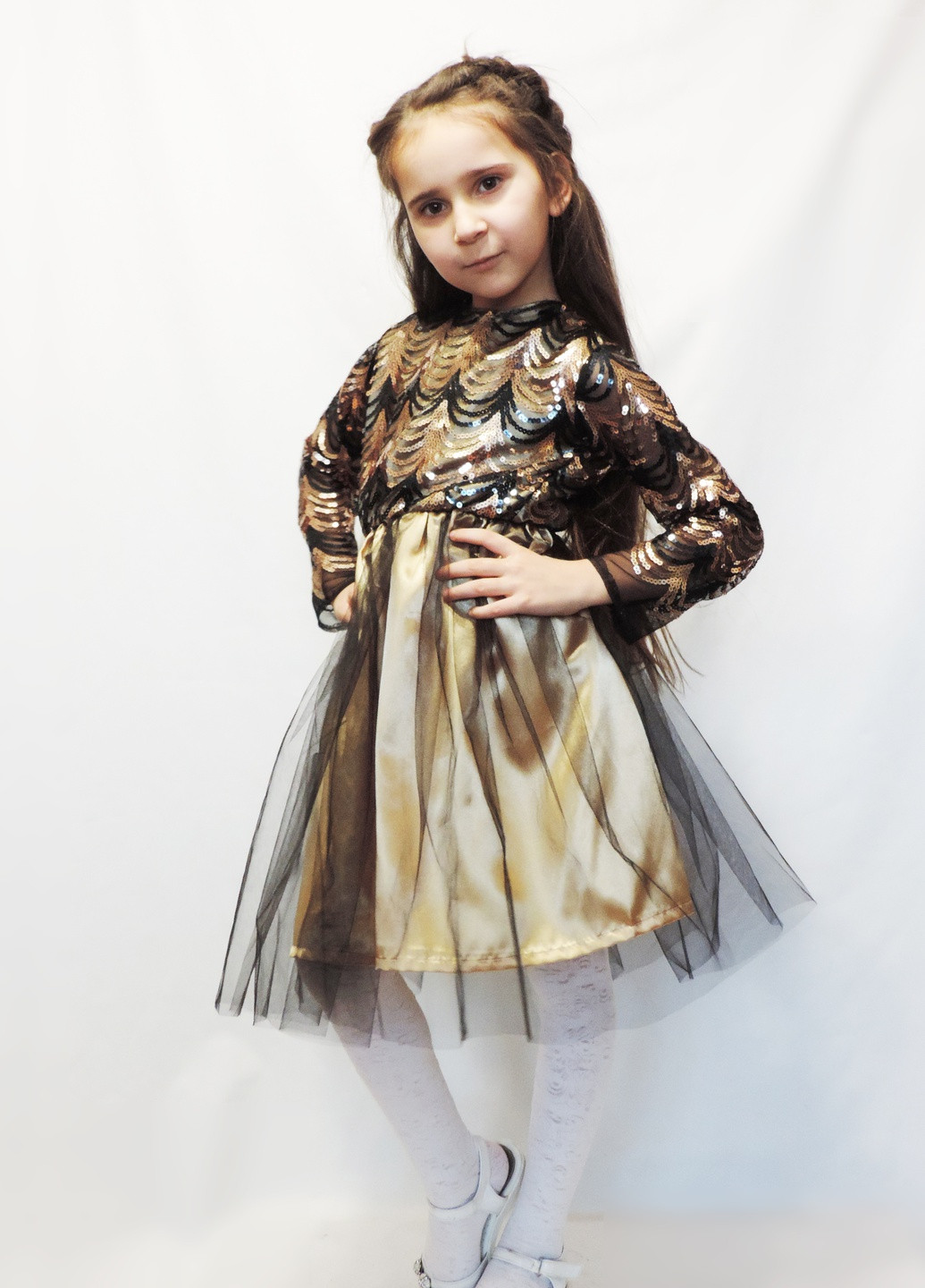 Золотой праздничный нарядное платье для девочки пайетка фатин клеш Marselin с абстрактным узором