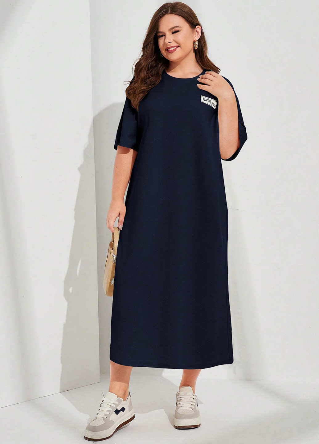 Темно-синее кэжуал платье платье-футболка, а-силуэт SHEIN с надписью